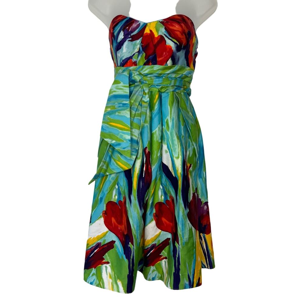Sophia Christina Dress Womens 8 Blue Floral Strapless Wedding Guest A-Line Dress